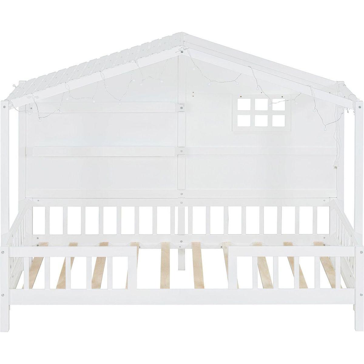 Twin Size House Bed with Shelves, House Bed with Window and Sparkling Light Strip on the Roof, White