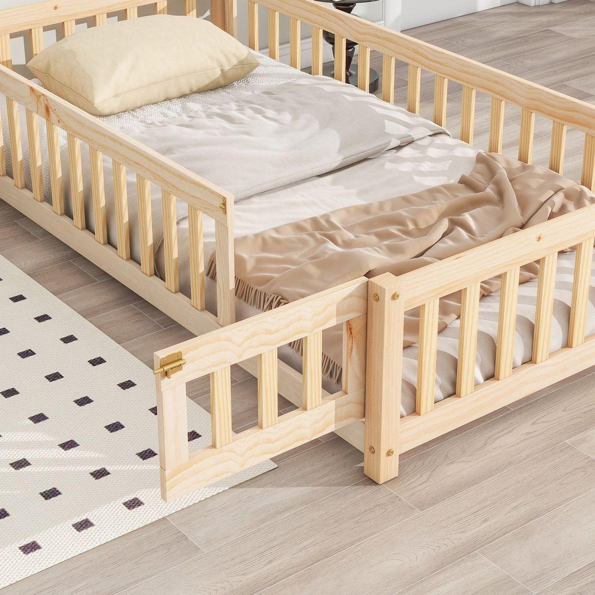 Twin House-Shaped Headboard Floor Bed with Fence ,Natural