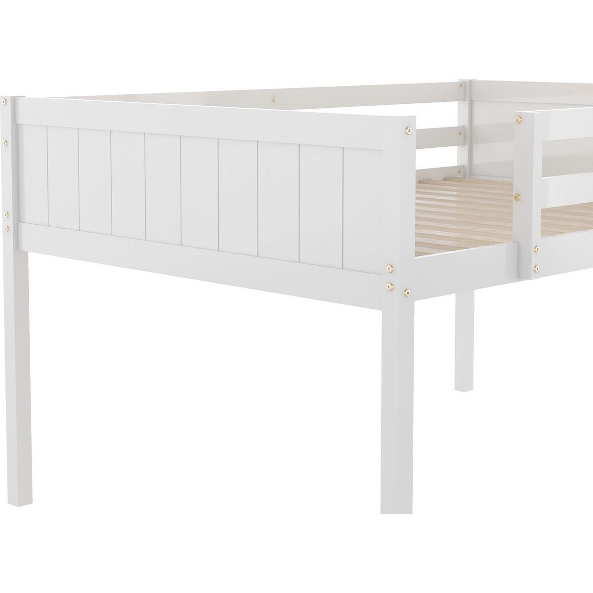Full Size Wood Low Loft Bed with Ladder, ladder can be placed on the left or right, White(O