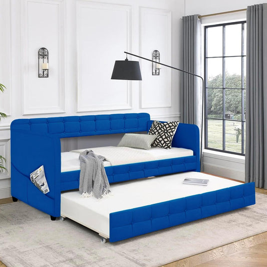 BLUE UPHOLSTERED TWIN SIZE DAYBED WITH TRUNDLE, VELVET FABRIC, NO BOX SPRING REQUIRED, COMFORTABLE AND SIMPLE DESIGN MODELS