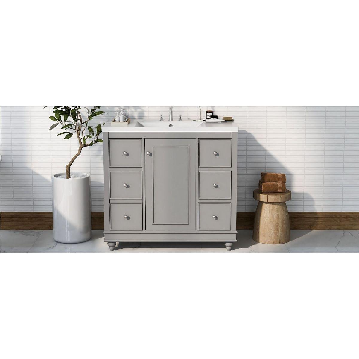 Contemporary Gray Bathroom Vanity Cabinet - 36x18x34 inches, 4 Drawers & 1 Cabinet Door, Multipurpose Storage, Resin Integrated Sink, Adjustable Shelves, Solid Wood Frame with MDF