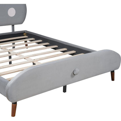 Full Size Upholstered Platform Bed with Koala-Shaped Headboard, Gray