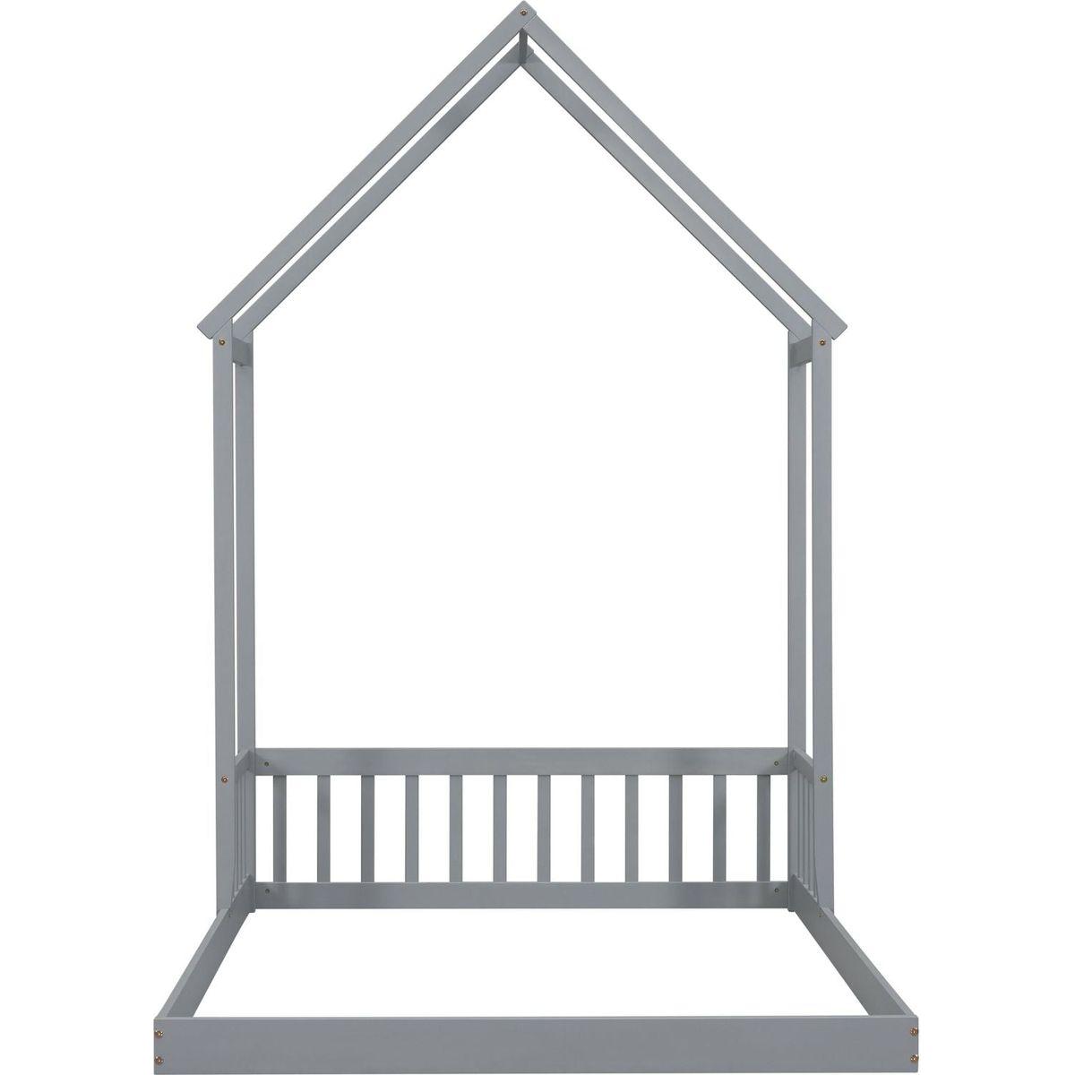 Full Roof-framed Headboard Floor Bed with Headboard Guardrails, without Slats, Grey
