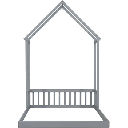 Full Roof-framed Headboard Floor Bed with Headboard Guardrails, without Slats, Grey