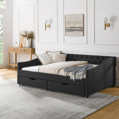 Full Size Daybed with Drawers Upholstered Tufted Sofa Bed, with Button on Back and Copper Nail on Waved Shape Arms(80.5"x55.5"x27.5")