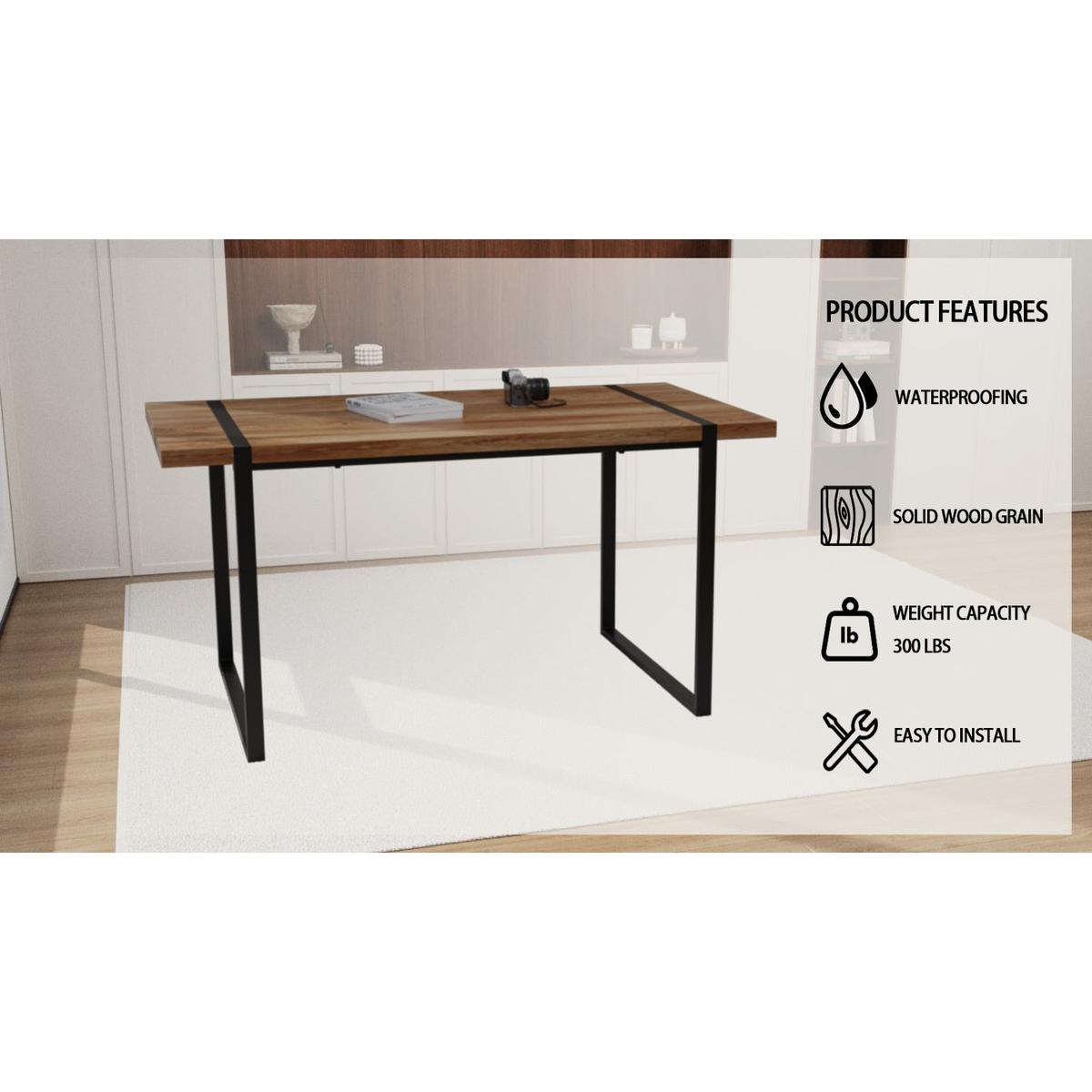 59 "rural industrial rectangular MDF natural wood dining table, 4-6 people, 1.5" thick engineering wood tabletop and black rectangular metal legs, used for writing desks, kitchens, terraces