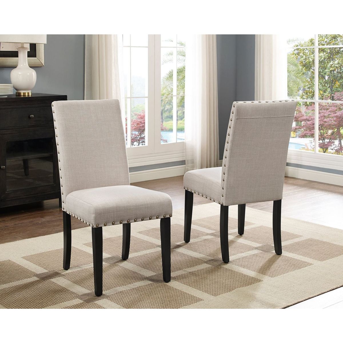 Biony Espresso Wood Dining Set with Tan Fabric Nailhead Chairs