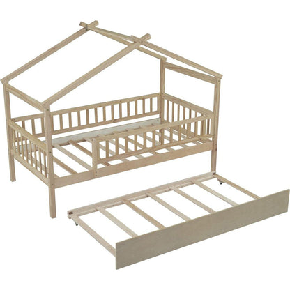 Twin Size Wooden House Bed with Twin Size Trundle, Natural