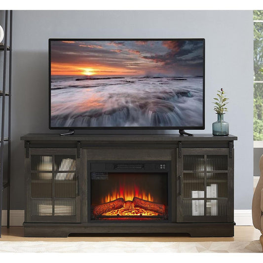 Multipurpose Sliding Door TV Stand Large Storage Cabinet with 2 Sliding Fluted Glass Doors, TV Up to 65", TV Desk Storage Rack with 23" Fireplace TV Stand, Charcoal GREY, 59.13"Wx15.94"Dx27.8"H