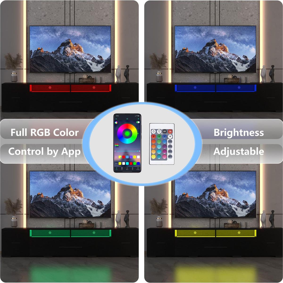 TV Console with Storage Cabinets, Remote, APP Control Long LED TV Stand, Full RGB Color Selection, 31 Modes Changing Lights Modern Entertainment Center with Power Cord (Black, for 80 inches)