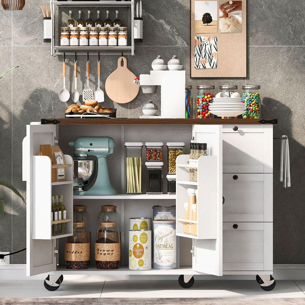 54.5" Farmhouse Kitchen Island with Power Outlet, Kitchen Storage Island with Internal Storage Rack, Drop Leaf, Spice Rack, Rolling Kitchen Cart on Wheels, for Home, Kitchen and Dining Room,White
