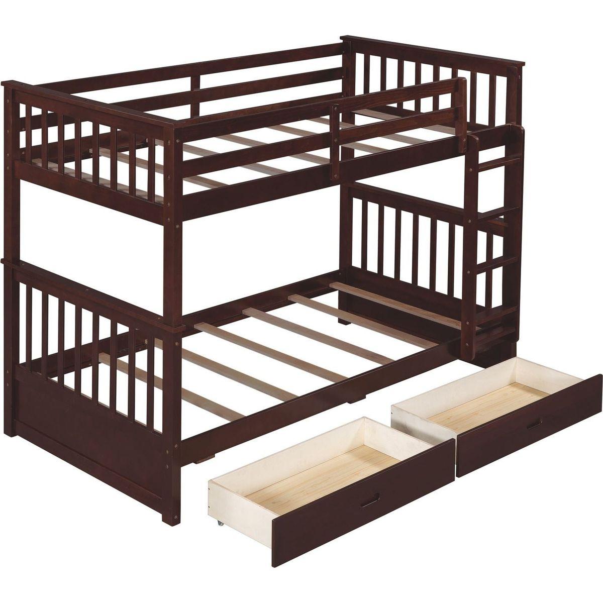 Twin-Over-Twin Bunk Bed with Ladders and Two Storage Drawers (Espresso)