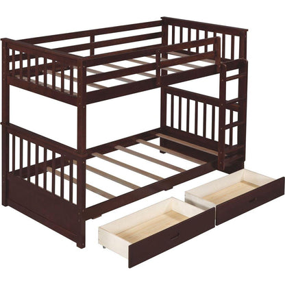 Twin-Over-Twin Bunk Bed with Ladders and Two Storage Drawers (Espresso)