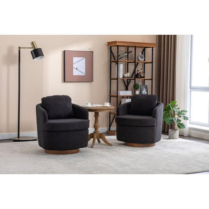 Boucle Fabric Swivel Accent Chair With Soild Wood Round Brown Base Leg,Black