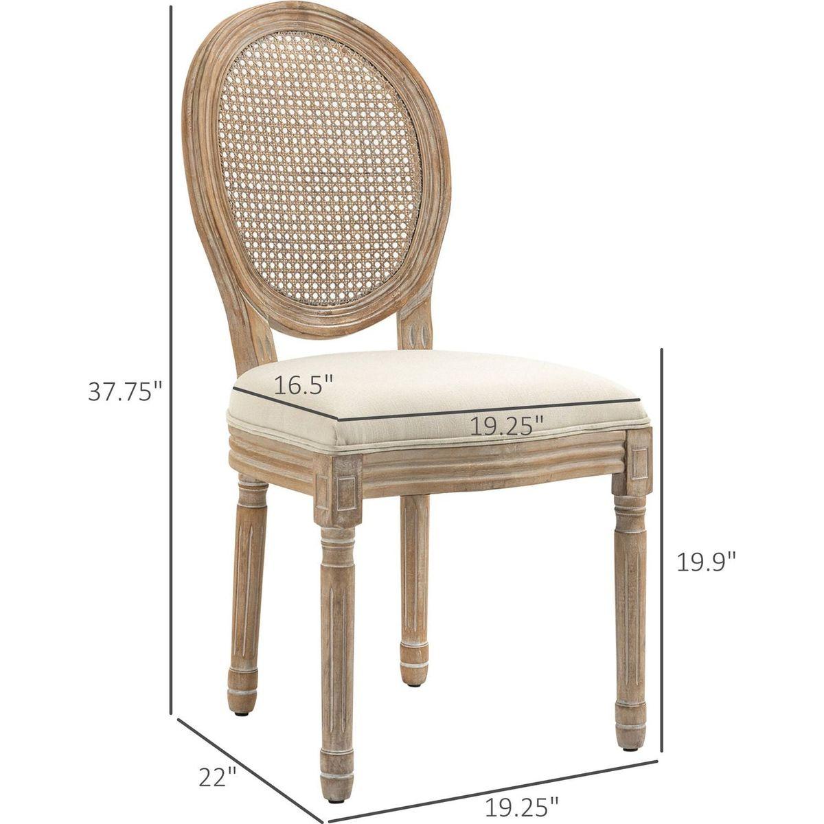 French-Style Upholstered Dining Chair Set, Armless Accent Side Chairs with Rattan Backrest and Linen-Touch Upholstery, Set of 2, Cream White