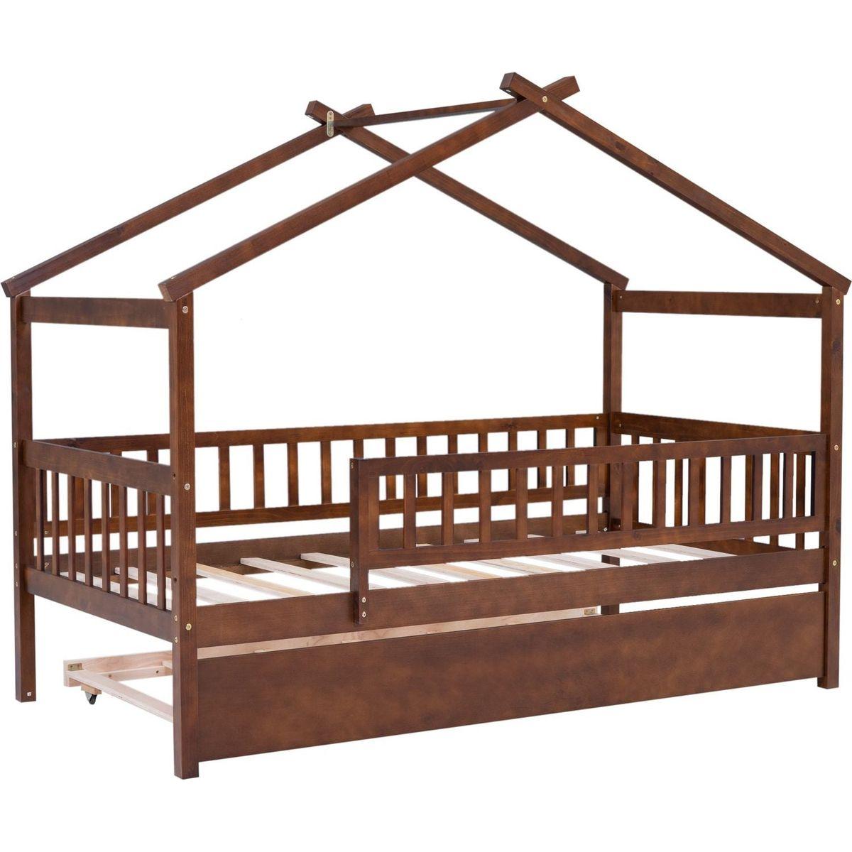 Twin Size Wooden House Bed with Twin Size Trundle, Walnut