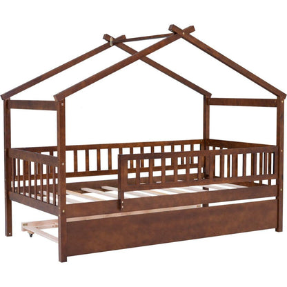Twin Size Wooden House Bed with Twin Size Trundle, Walnut
