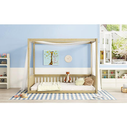 Full Size Canopy Frame Floor Bed with Fence, Guardrails,Natural