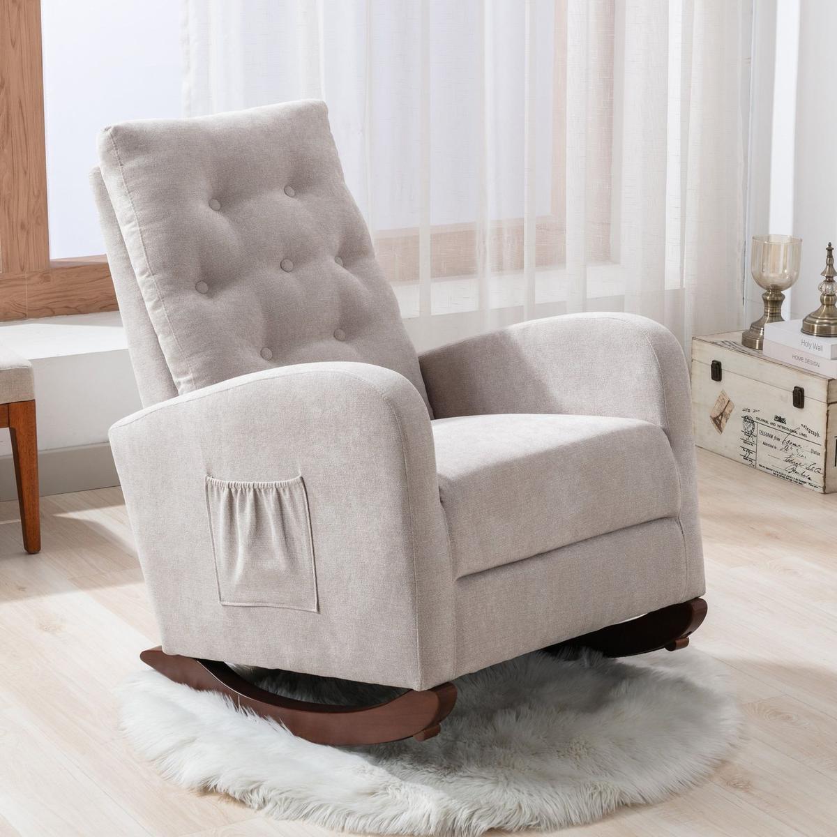 Baby Room High Back Rocking Chair Nursery Chair, Comfortable Rocker Fabric Padded Seat, Modern High Back Armchair