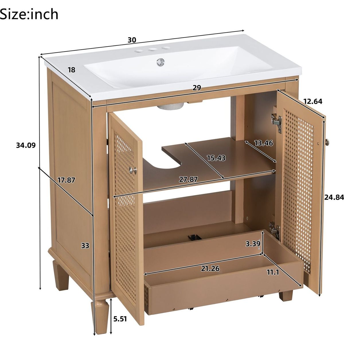 30 Inch Bathroom Vanity with Resin Sink, Freestangding Bathroom Vanity Set with Hidden Drawer, Storage Cabient for Bathroom, Solid Wood Frame Bathroon Cabinet