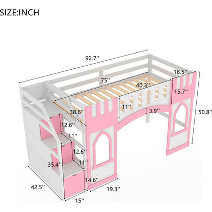 Twin Size Loft Bed with Storage Staircase and Window, Pink