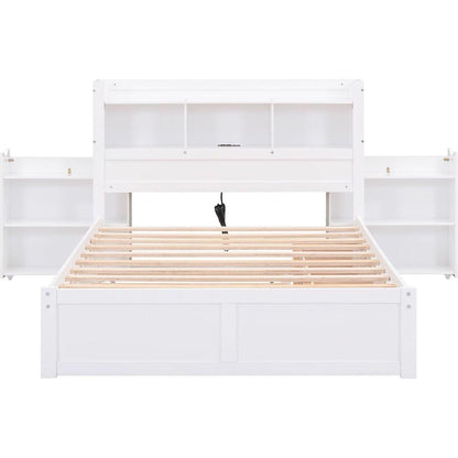 Full Size Storage Platform Bed with Pull Out Shelves, Twin Size Trundle and 2 Drawers, White
