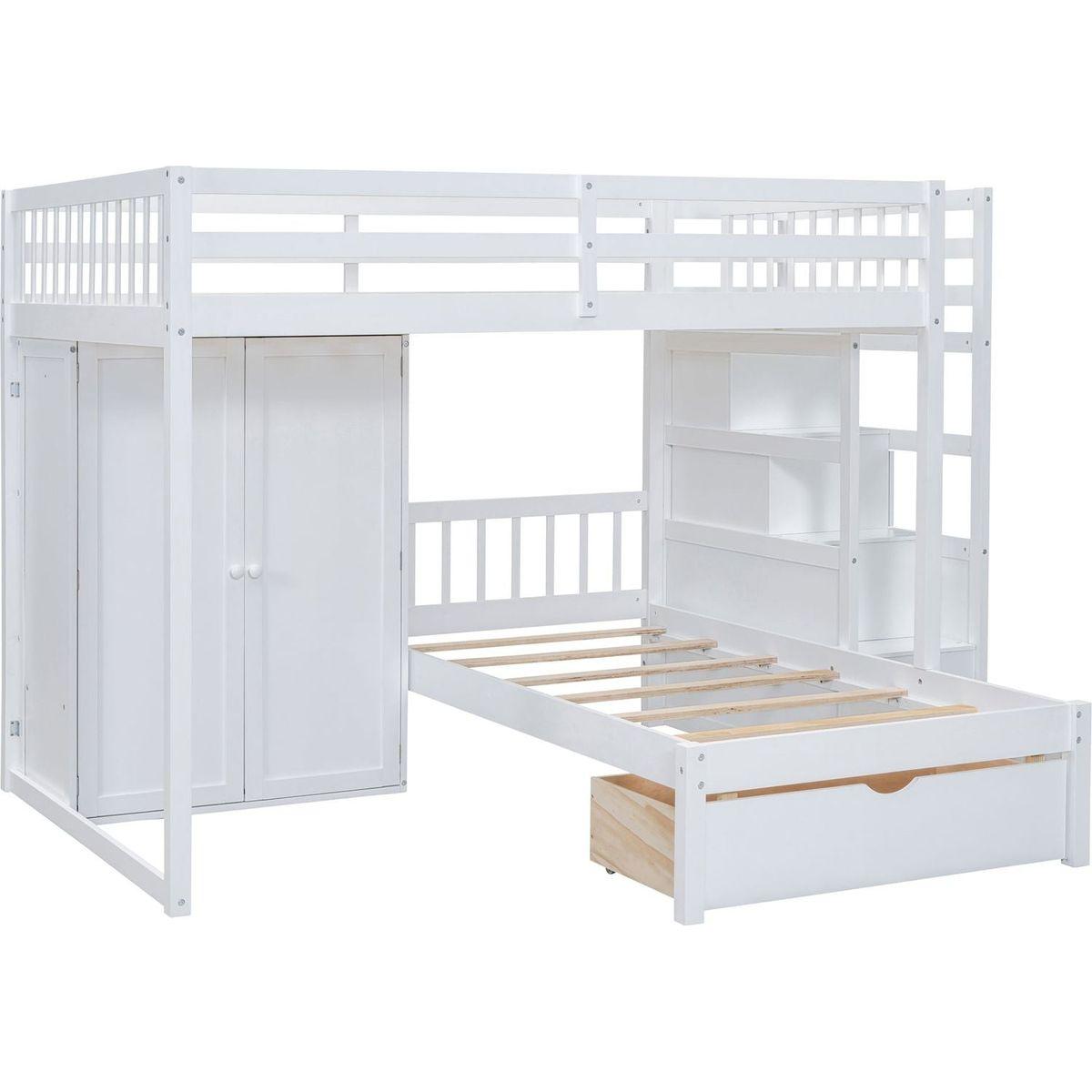 Full Over Twin Bunk Bed with Wardrobe, Drawers, White