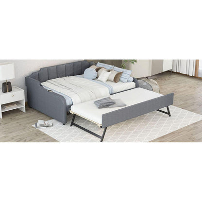 Full Size Upholstery Daybed with Trundle and USB Charging Design,Trundle can be flat or erected,Gray