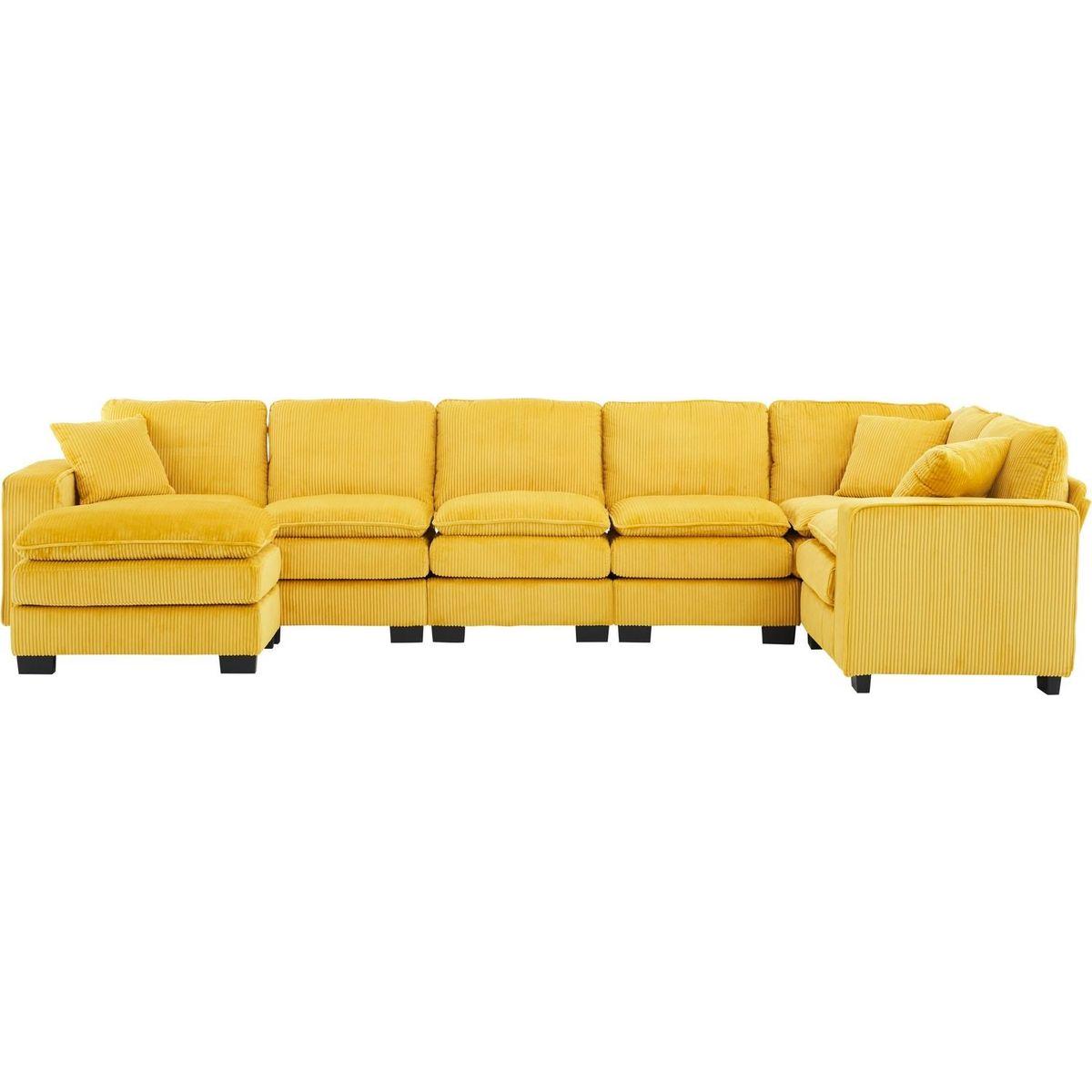 Modern U Shaped 6-seat Sectional Sofa Couch with one Ottoman and three toss pillows, Modular Sofa for Living Room,Corduroy sofa