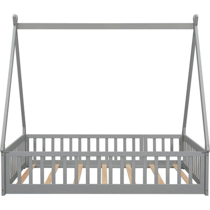 Full Tent-shaped Floor Bed, with Guardrails, Slats, Door, Grey