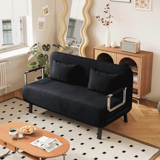 velvet black 55"Convertible Chair Bed, Tri-Fold Sofa Bed with Adjustable Backrest & Pillow, Leisure Chaise Lounge Couch with Sturdy Steel Frame for Home & Office, Comfortable Sleeper Chair