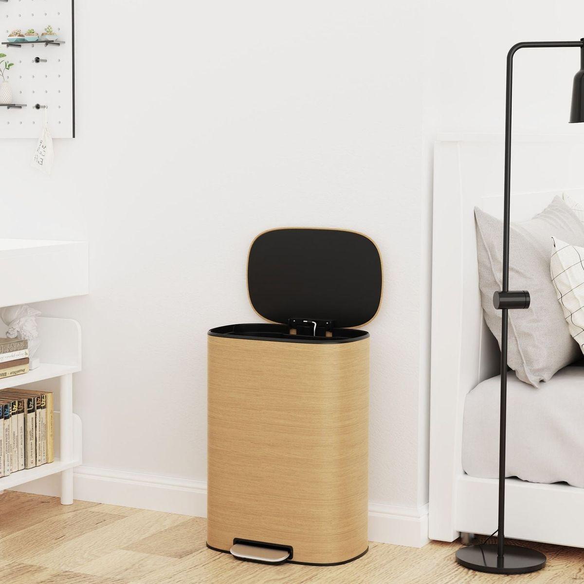 13 Gallon 50L Kitchen Foot Pedal Operated Soft Close Trash Can - Stainless Steel Ellipse Bustbin - Wood