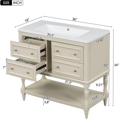 36" Bathroom Vanity Cabinet with Sink Combo Set, Undermount Resin Sink, Free Standing Vanity Set with 4 Drawers, Solid Wood Frame Bathroom Cabinet, Beige