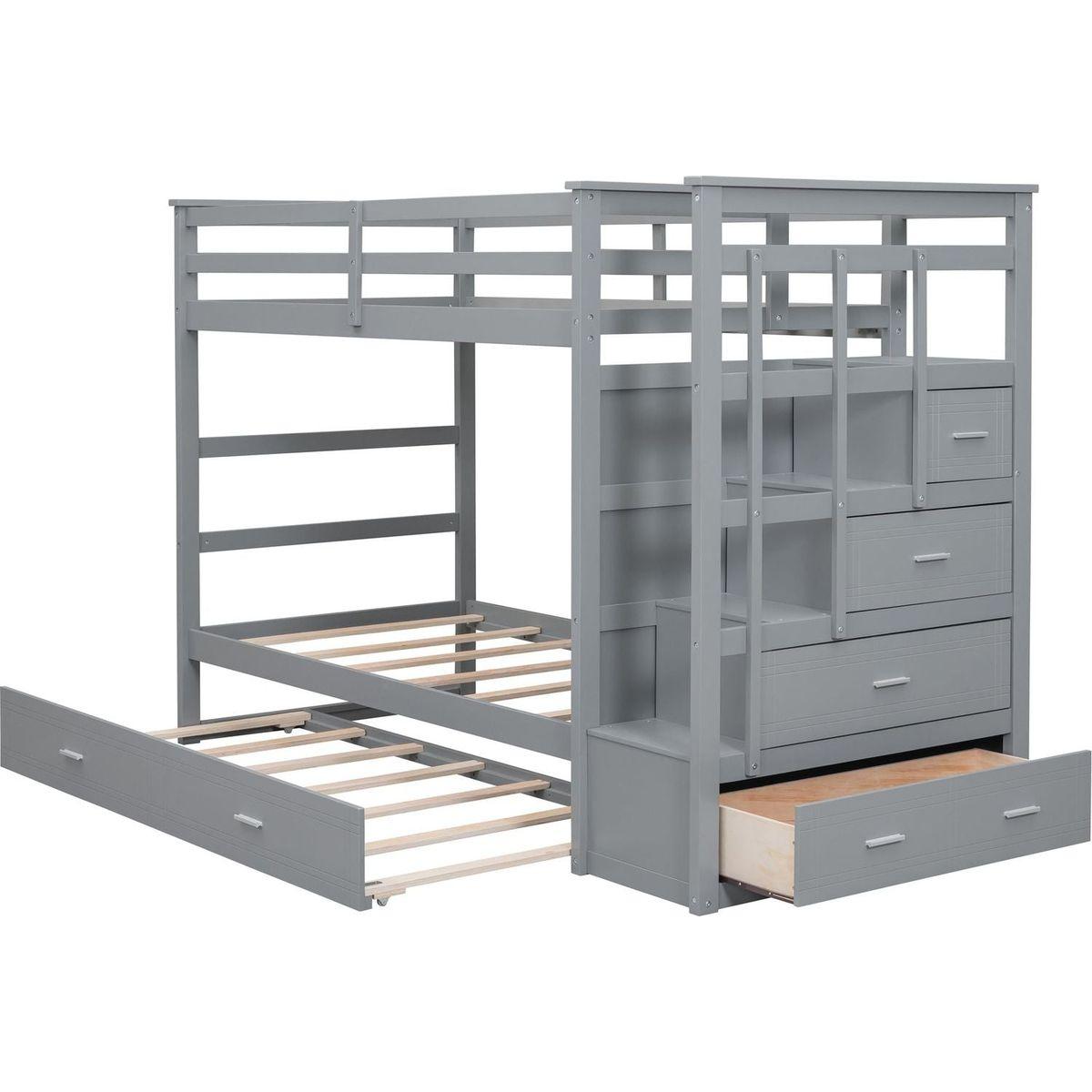 Twin Over Twin Bunk Bed with Trundle and Staircase,Gray