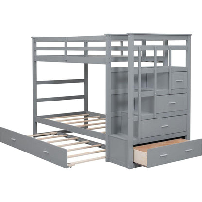 Twin Over Twin Bunk Bed with Trundle and Staircase,Gray