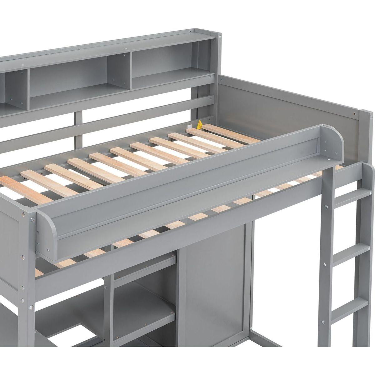 Wood Twin Size Loft bed with Multiple Storage Shelves and Wardrobe, Gray