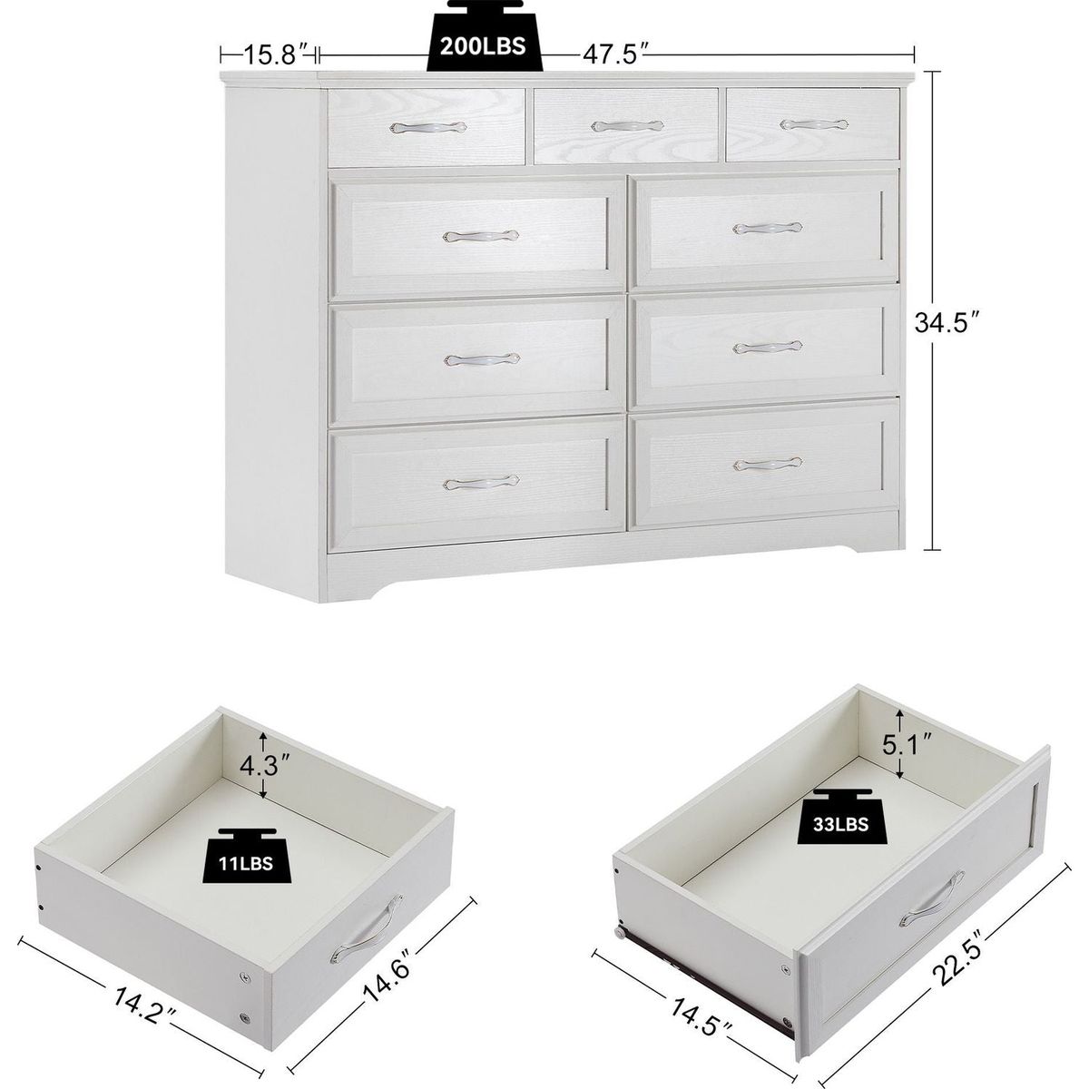 Bedroom dresser, 9 drawer long dresser with antique handles, wood chest of drawers for kids room, living room, entry and hallway, White, 47.56"W x 15.75"D x 34.45"H.
