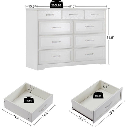Bedroom dresser, 9 drawer long dresser with antique handles, wood chest of drawers for kids room, living room, entry and hallway, White, 47.56"W x 15.75"D x 34.45"H.
