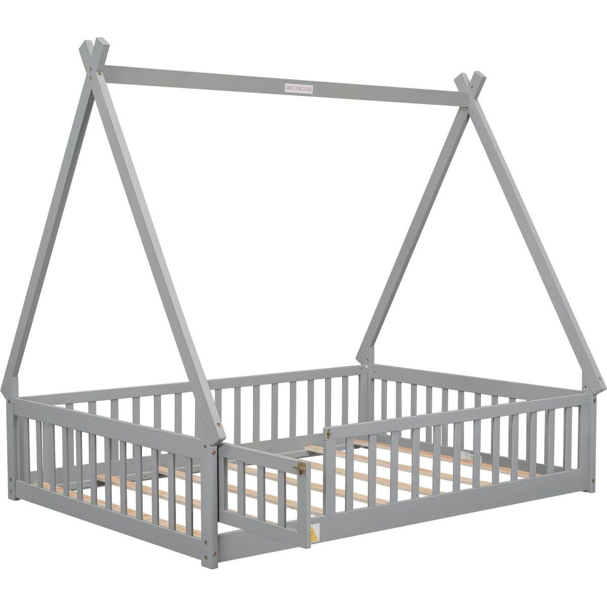 Full Tent-shaped Floor Bed, with Guardrails, Slats, Door, Grey