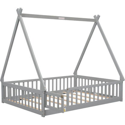 Full Tent-shaped Floor Bed, with Guardrails, Slats, Door, Grey