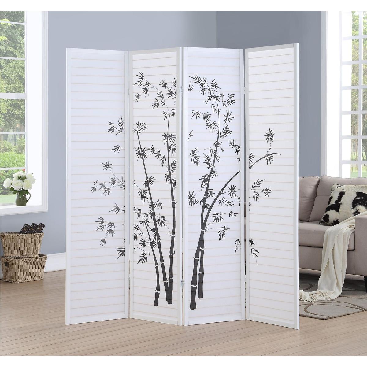 Bamboo Print 4-Panel Framed Room Screen/Divider, White