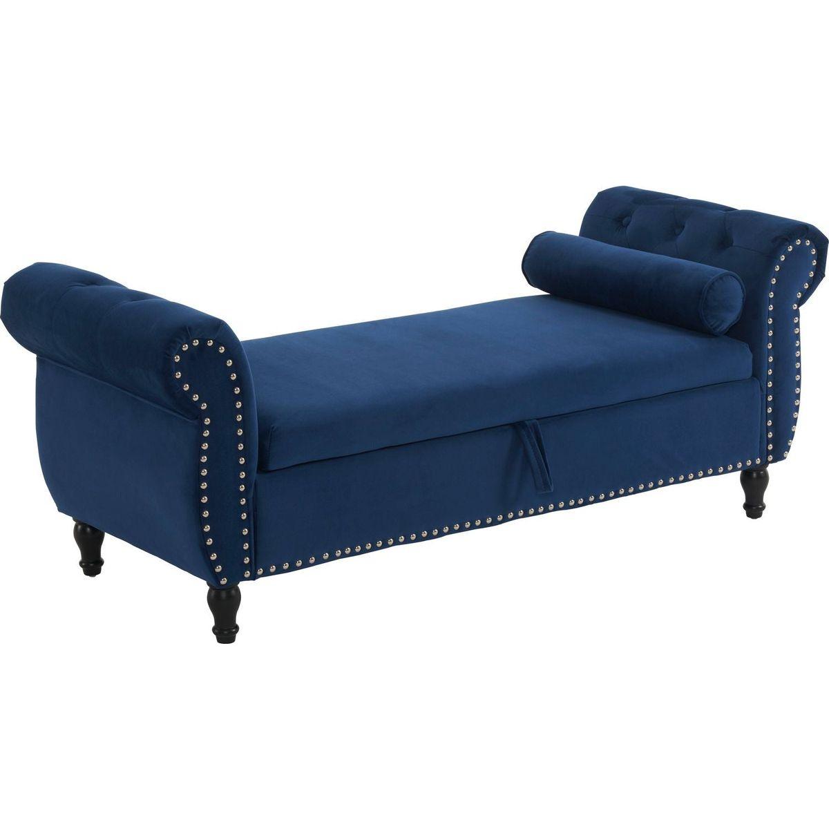 Velvet Multifunctional Storage Rectangular ottoman bench with 1 Pillow, Navy Blue