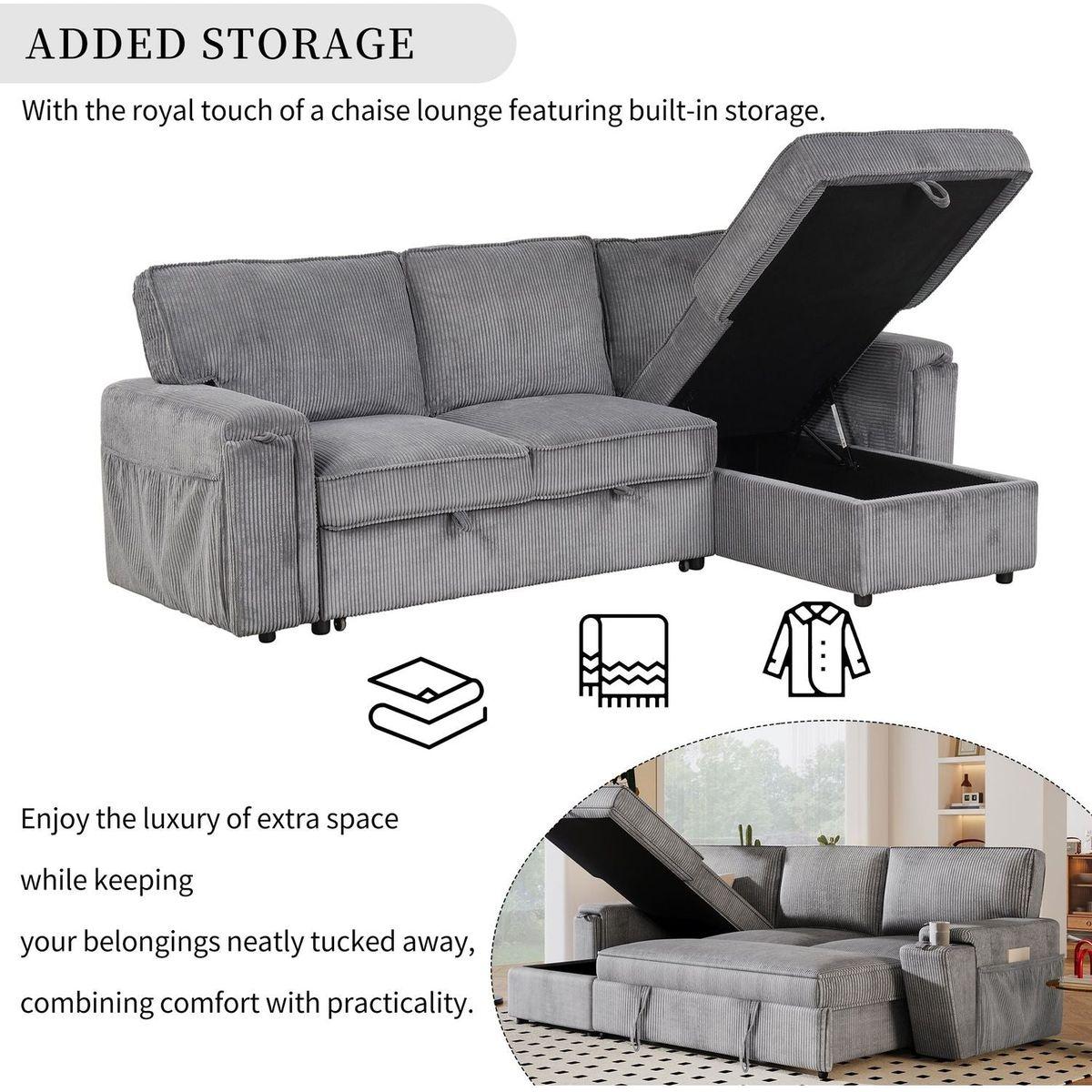 Upholstery Sleeper Sectional Sofa with Storage Bags and 2 cup holders on Arms