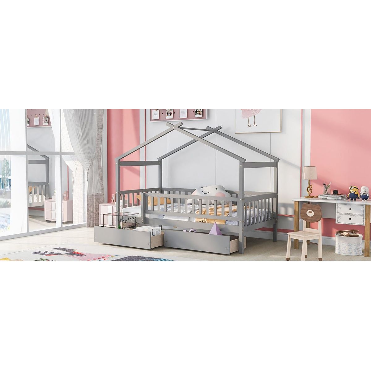 Twin Size Wooden House Bed with Two Drawers, Gray