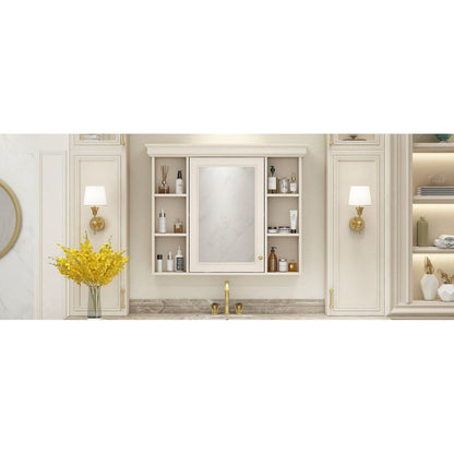 35" x 28" Blue Wall Mounted Bathroom Storage Cabinet with Mirror Door, Modern Bathroom Wall Cabinet with Mirror, Medicine Cabinet with 6 Open Shelves