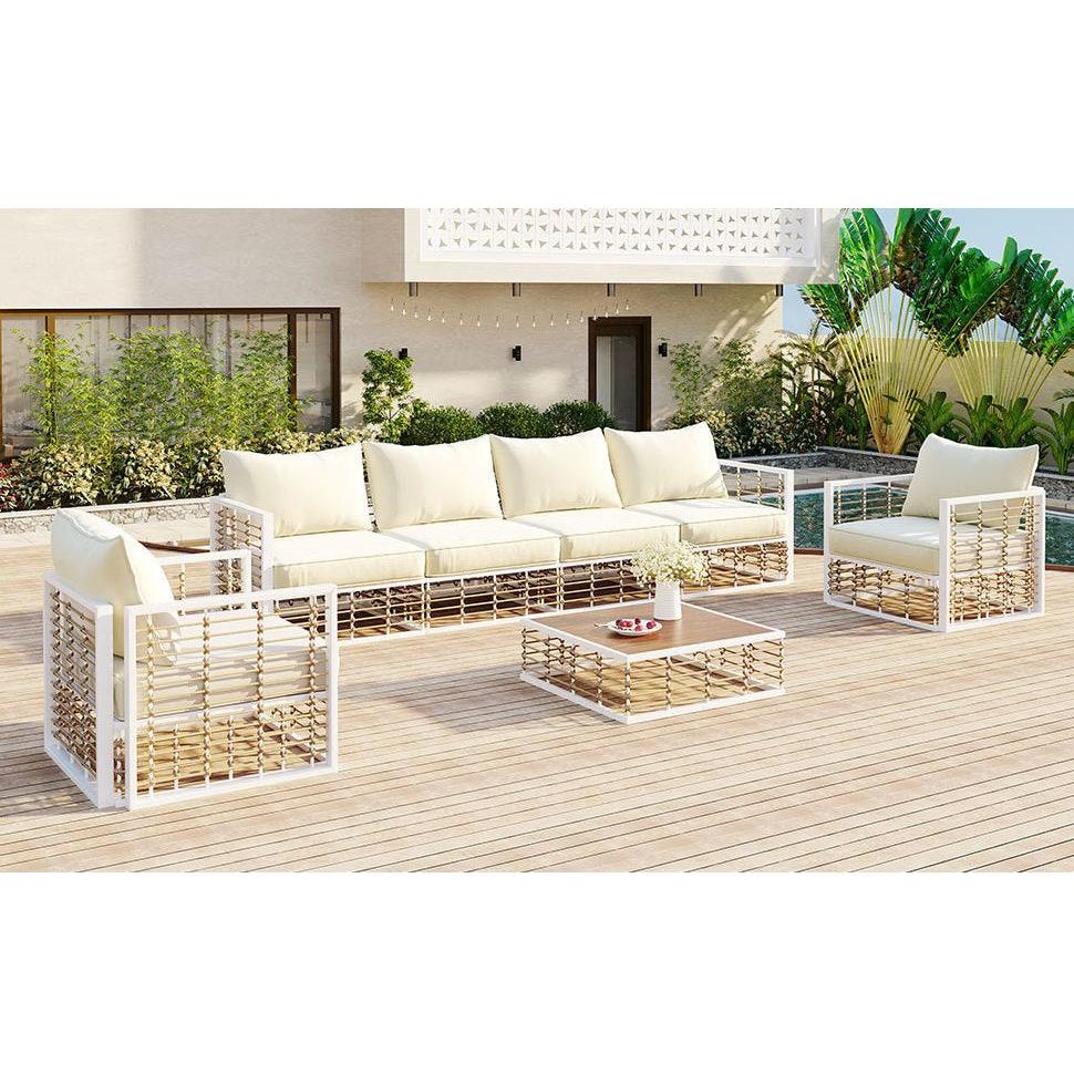 Modern Minimalist 7-Piece Metal Patio Sectional Sofa Set, All-Weather Garden Conversational Furniture Set with Thick Cushions and Coffee Table for Indoor Outdoor, White