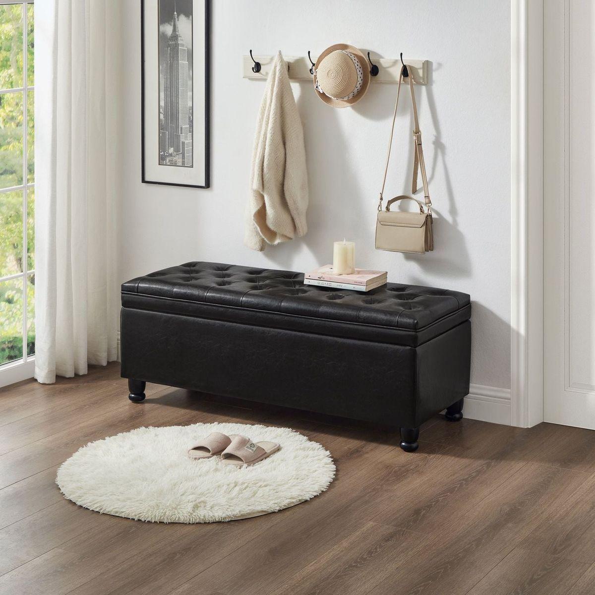 Upholstered tufted button storage bench, Faux leather entry bench with spindle wooden legs, Bed bench- Black