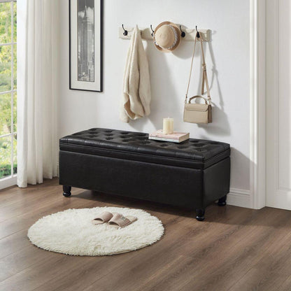 Upholstered tufted button storage bench, Faux leather entry bench with spindle wooden legs, Bed bench- Black