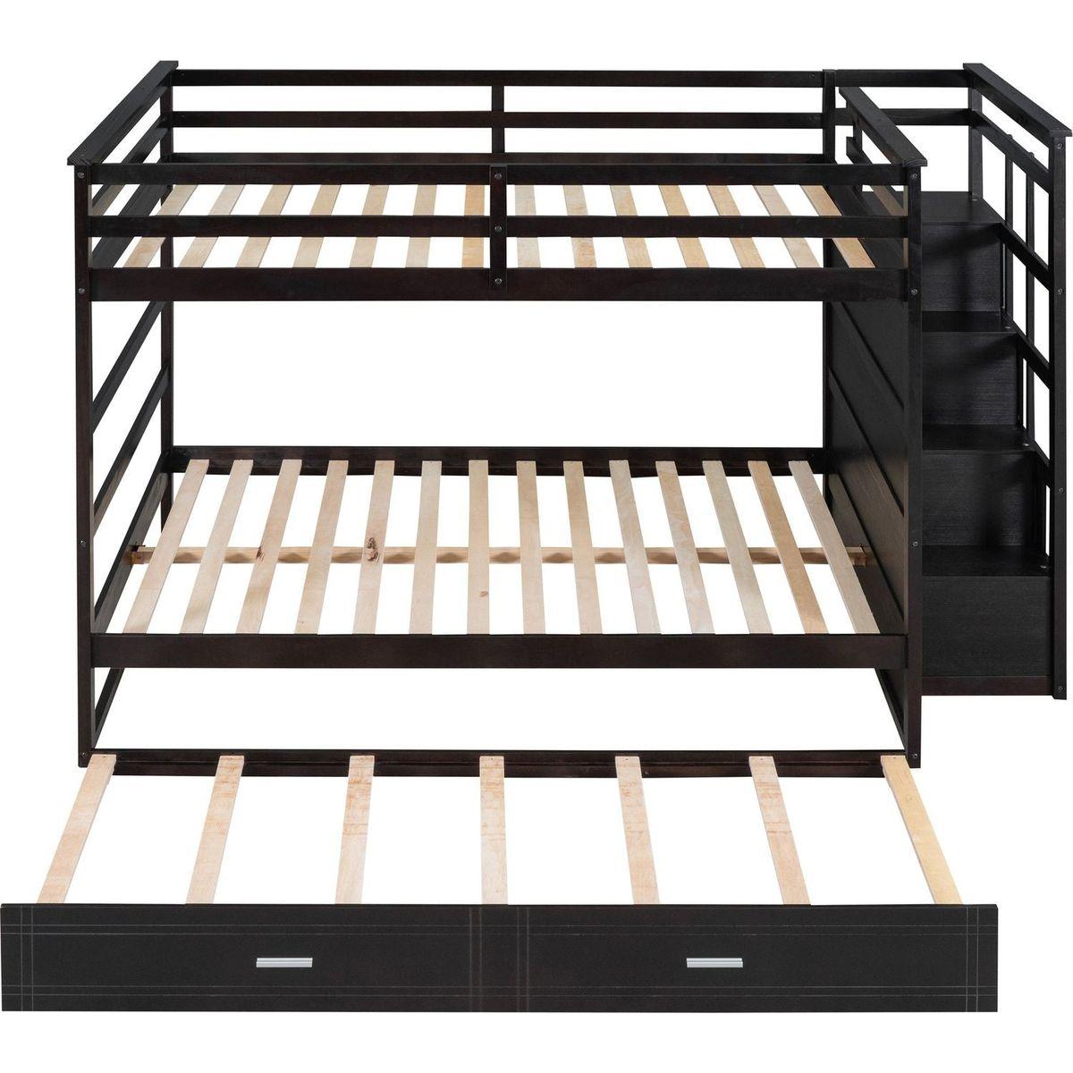 Full Over Full Bunk Bed with Twin Size Trundle and Staircase, Espresso