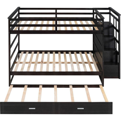 Full Over Full Bunk Bed with Twin Size Trundle and Staircase, Espresso